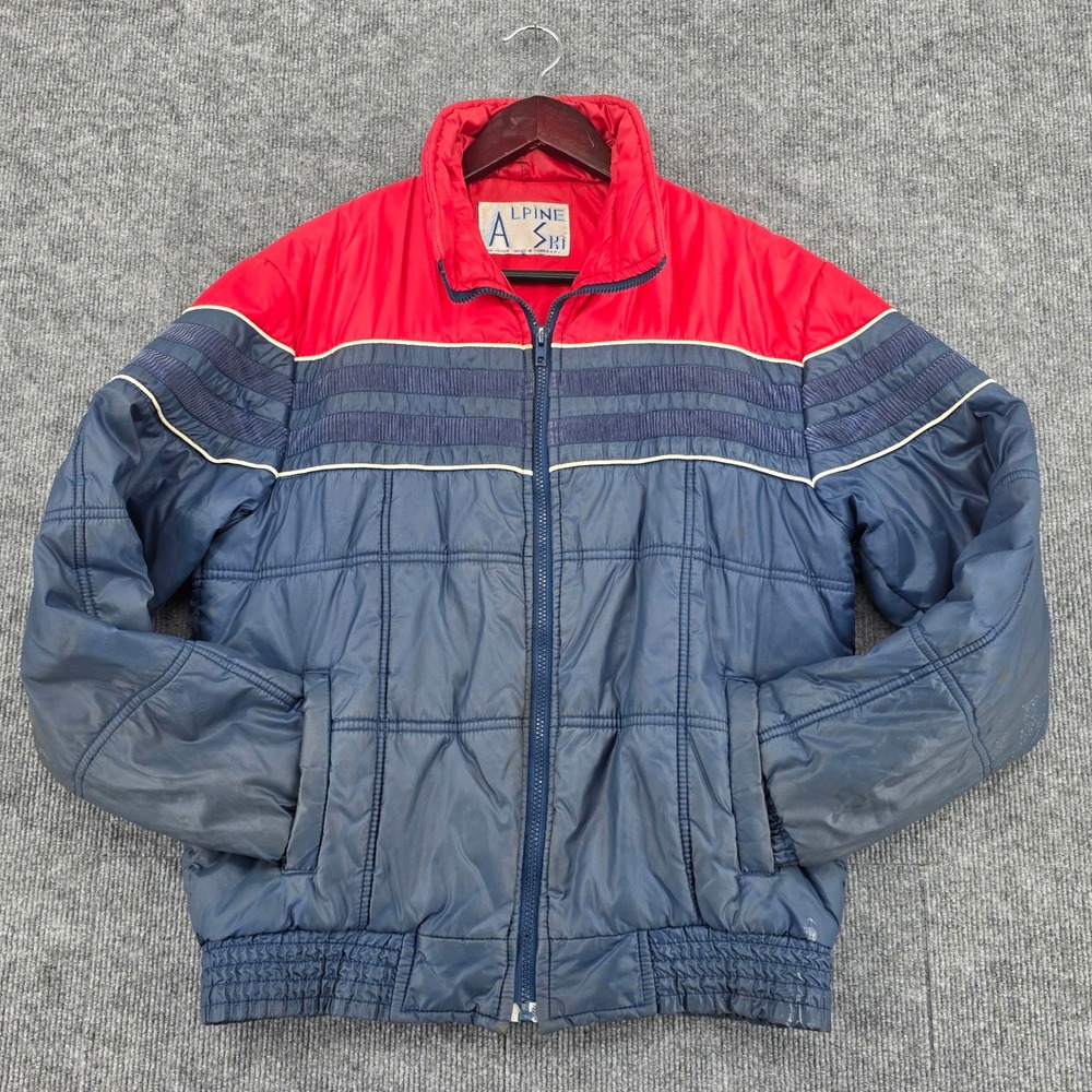 Vintage Alpine Ski Puffer Jacket Red Navy Blue Colorblock 80s Quilted RN 28258